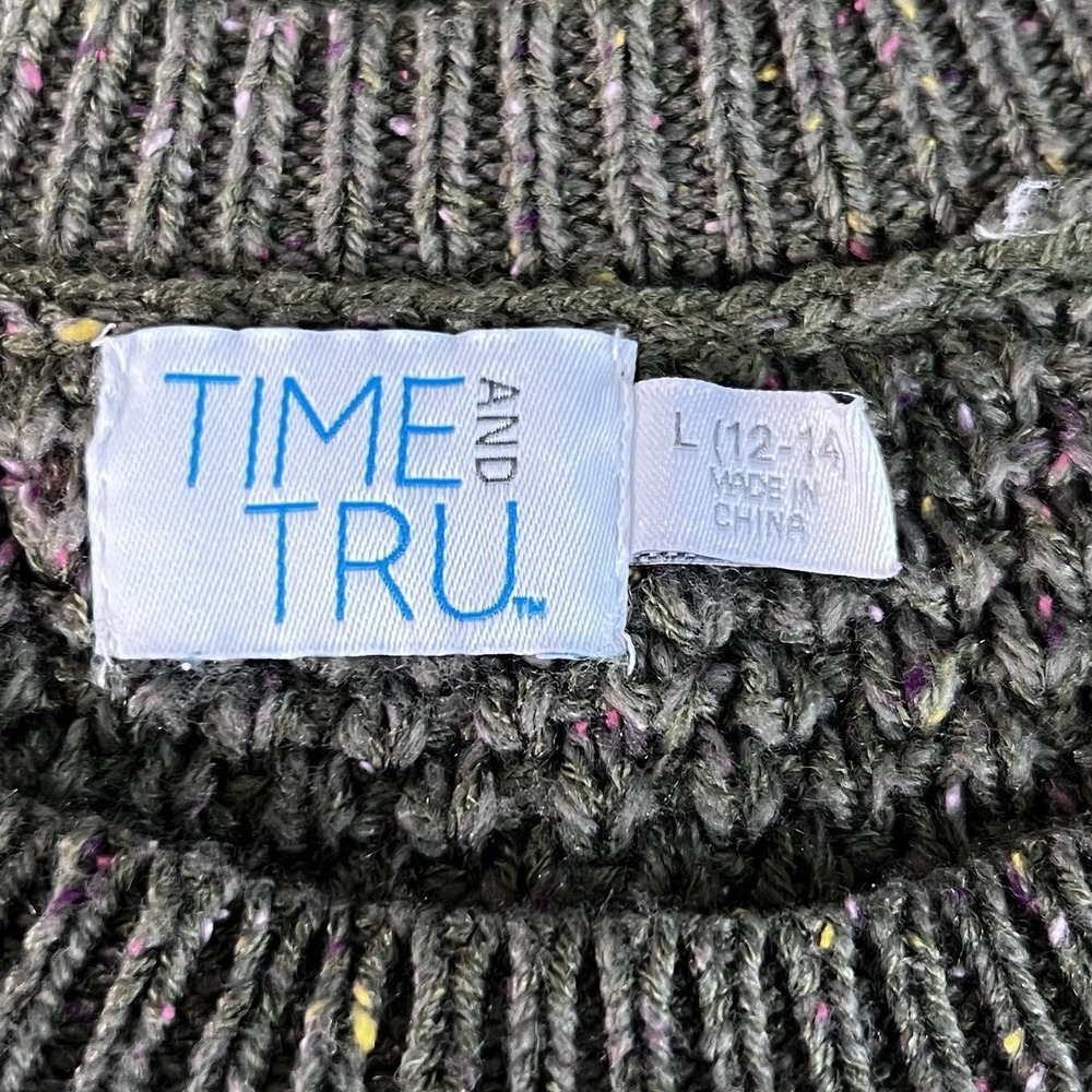 Time and Tru Olive Branch Tweed Cable Knit Sweater Lg 12-14 Chunky Pullover - Picture 4 of 6